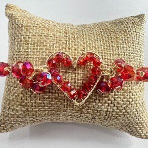 Handmade Wire Woven Bracelet with Heart Charm and Glass Beads, 7.5 inches Red